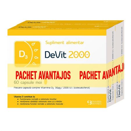 DeVit 2000 pachet cu vitamina D3, 60 capsule + 60 capsule, Pharma Brands