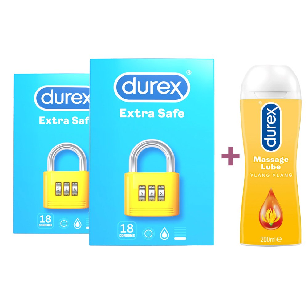 Pachet Prezervative Extra Safe 2x18 bucati si Lubrifiant play massage 2in1, 200 ml, Durex