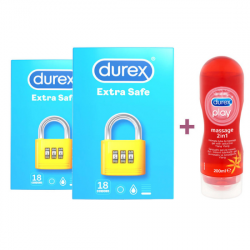 Pachet Prezervative Extra Safe 2x18 bucati si Lubrifiant play massage 2in1, 200 ml, Durex