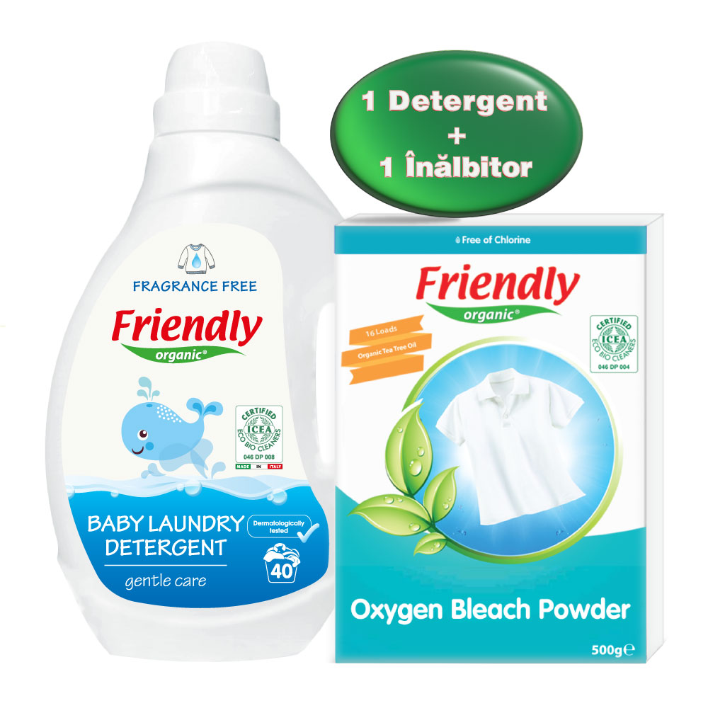 Pachet detergent de rufe fara miros pentru bebelusi 2000 ml + inalbitor rufe bio 500 gr, Friendly