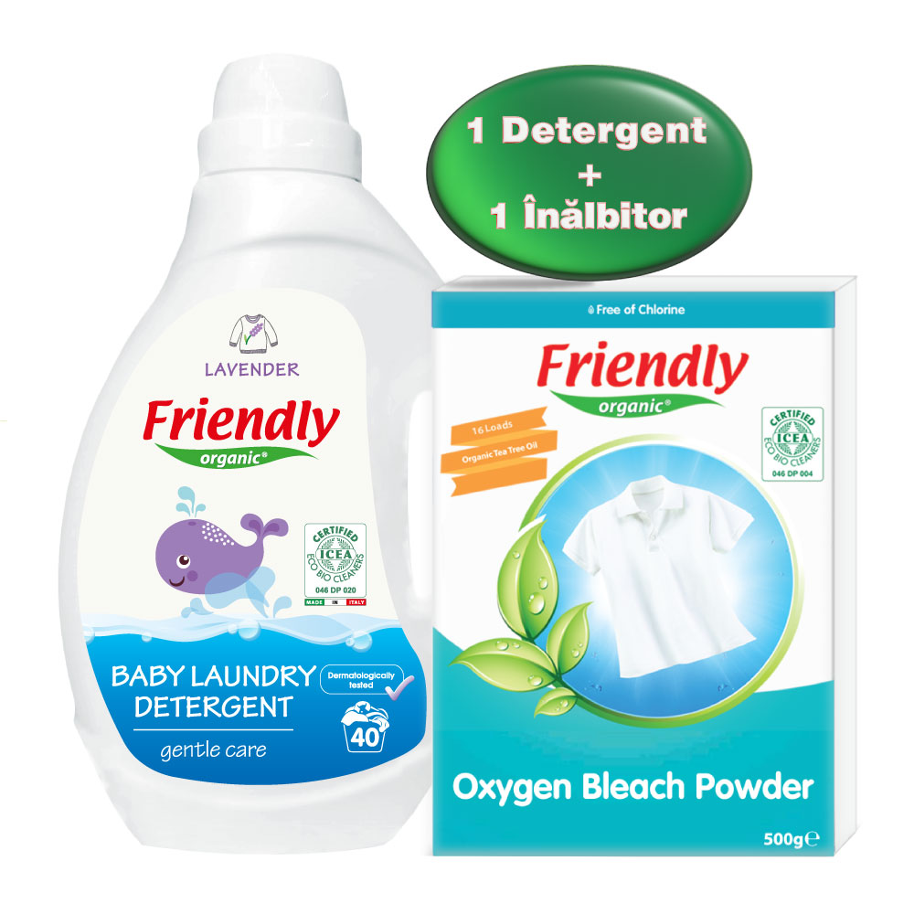 Pachet detergent de rufe cu lavanda pentru bebelusi 2000 ml + inalbitor rufe bio 500 gr, Friendly