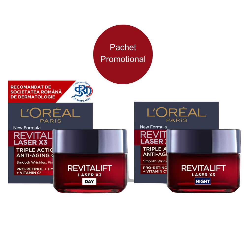 Pachet Crema antirid de zi + Crema antirid de noapte Revitalift Laser, 50 ml + 50 ml, Loreal