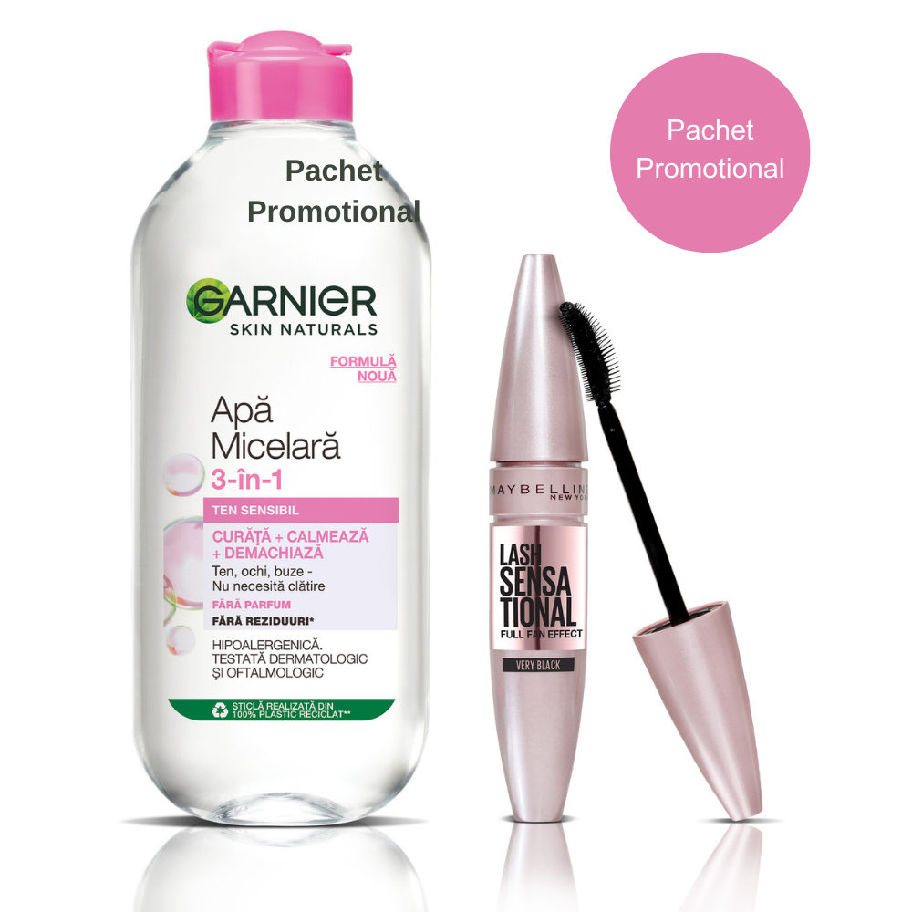 Pachet Mascara Lash Sensational Very Black + Apa micelara Garnier pentru ten sensibil, 7.2 ml + 400 ml, Loreal