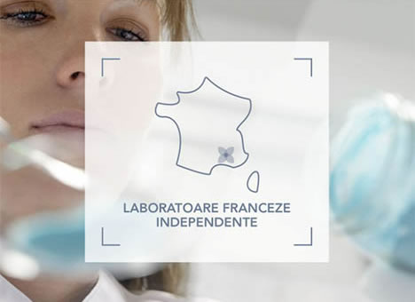 Conturul Frantei cu o proba de laborator si textul 'Laboratoare franceze independente', accentuand expertiza Bioderma in cercetare.