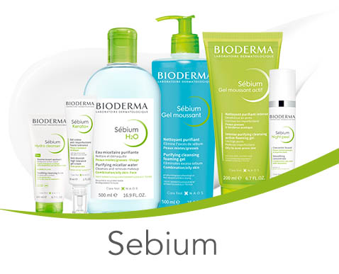 Solutiile Bioderma Sébium pentru pielea grasa, cu geluri de curatare si hidratante, prezentate pe un fundal verde si alb.