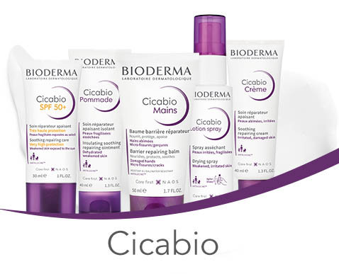 Produse Cicabio de la Bioderma, oferind reparare si calmare pentru piele, cu creme si unguente, prezentate pe un fundal violet.