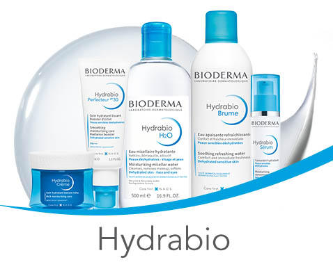 Gama Hydrabio de la Bioderma, specializata in hidratarea pielii, incluzand ser si apa revigoranta, pe un fundal albastru si alb.