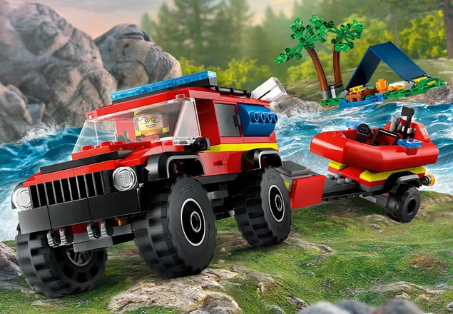 Camion 4x4 si barca de pompieri, +5 ani, 60412, Lego City
