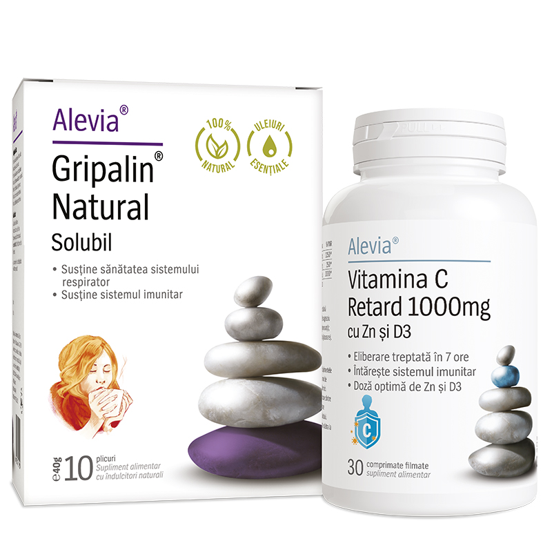 Gripalin Natural solubil 10 plicuri + Vitamina C Retard 1000 mg cu Zinc si D3, 30 capsule, Alevia