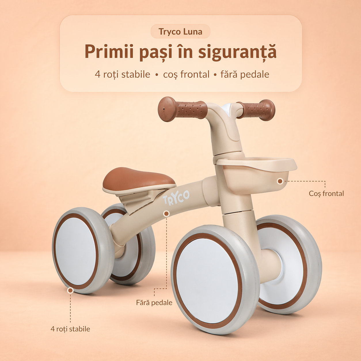 Bicicletă cu 4 roți Tryco Luna, off white, cu coșuleț frontal și design fără pedale