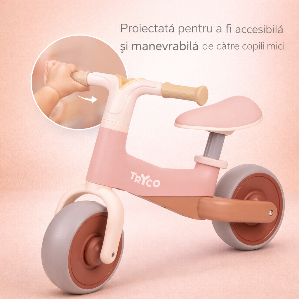 Detaliu prima bicicleta de echilibru Bobbie roz Tryco, model fara pedale pentru copii mici
