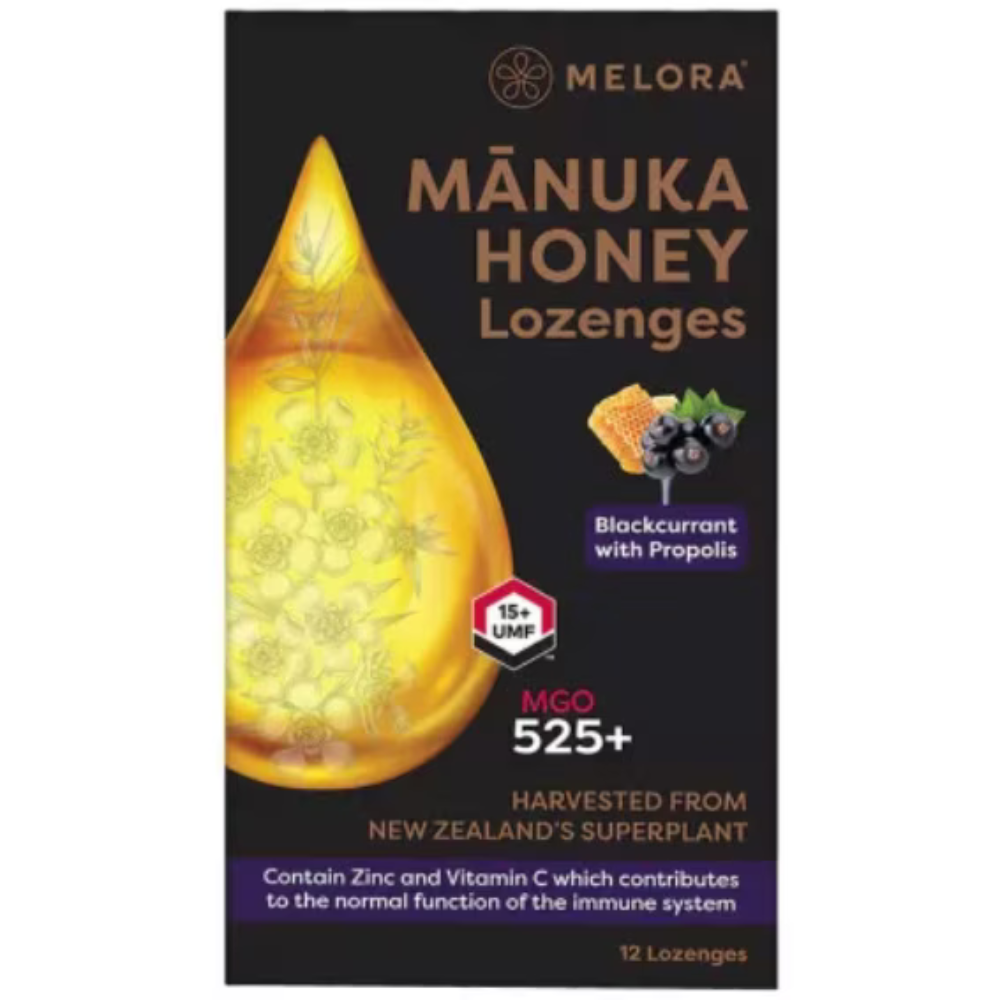 Dropsuri cu miere de Manuka MGO525 si extract din coacaze negre si propolis, 12 bucati, Melora