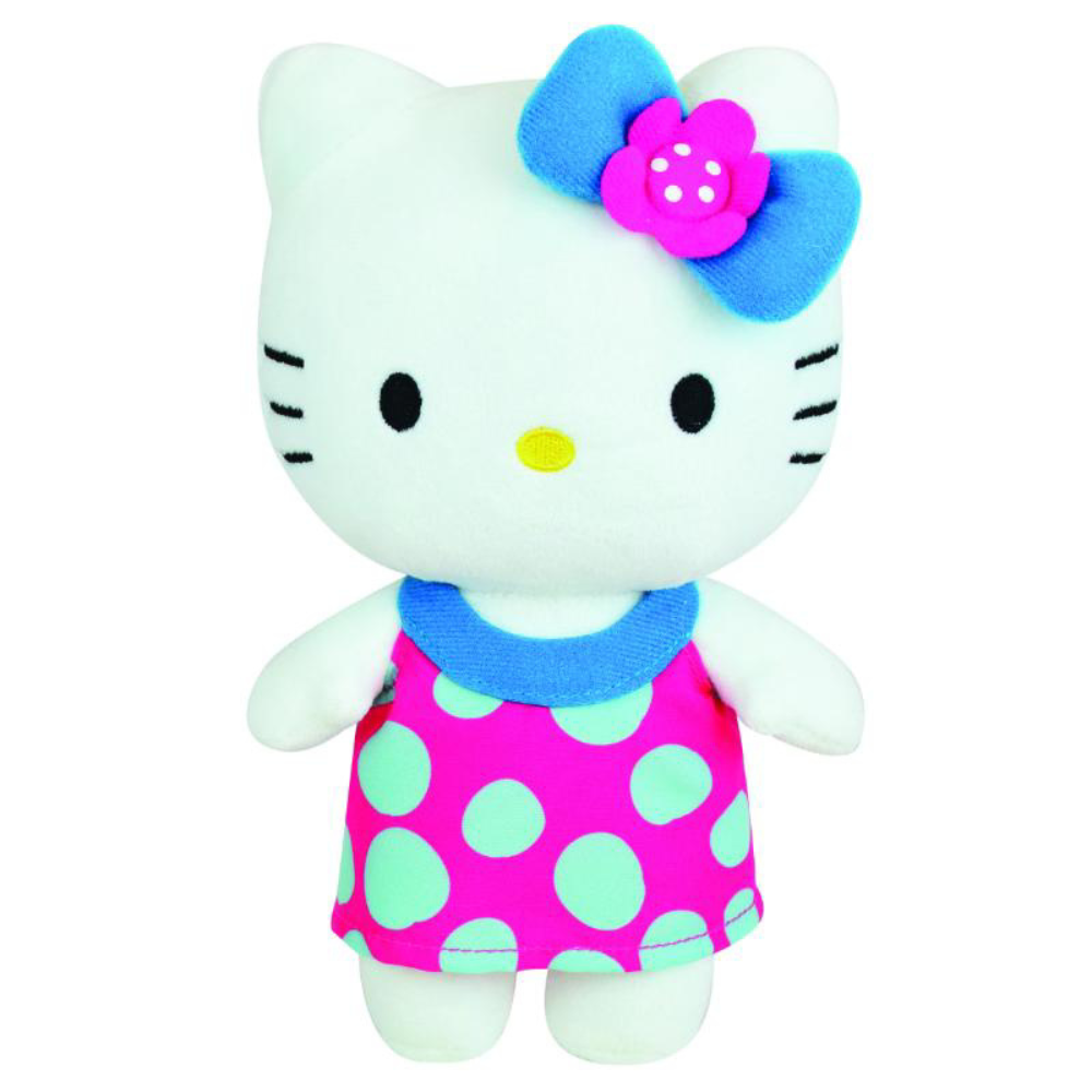 Jucarie de plus Hello Kitty cu rochita roz si buline albastre, 0-36 luni, 20 cm, Jemini