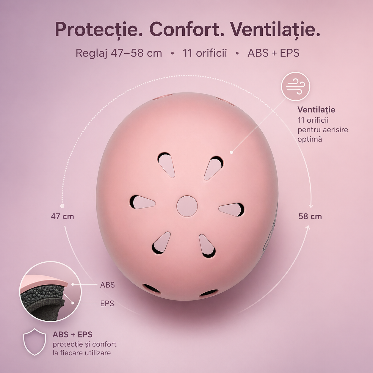 Cască pentru copii MoMi MIMI, roz mat, cu reglaj 47-58 cm și 11 orificii de aerisire