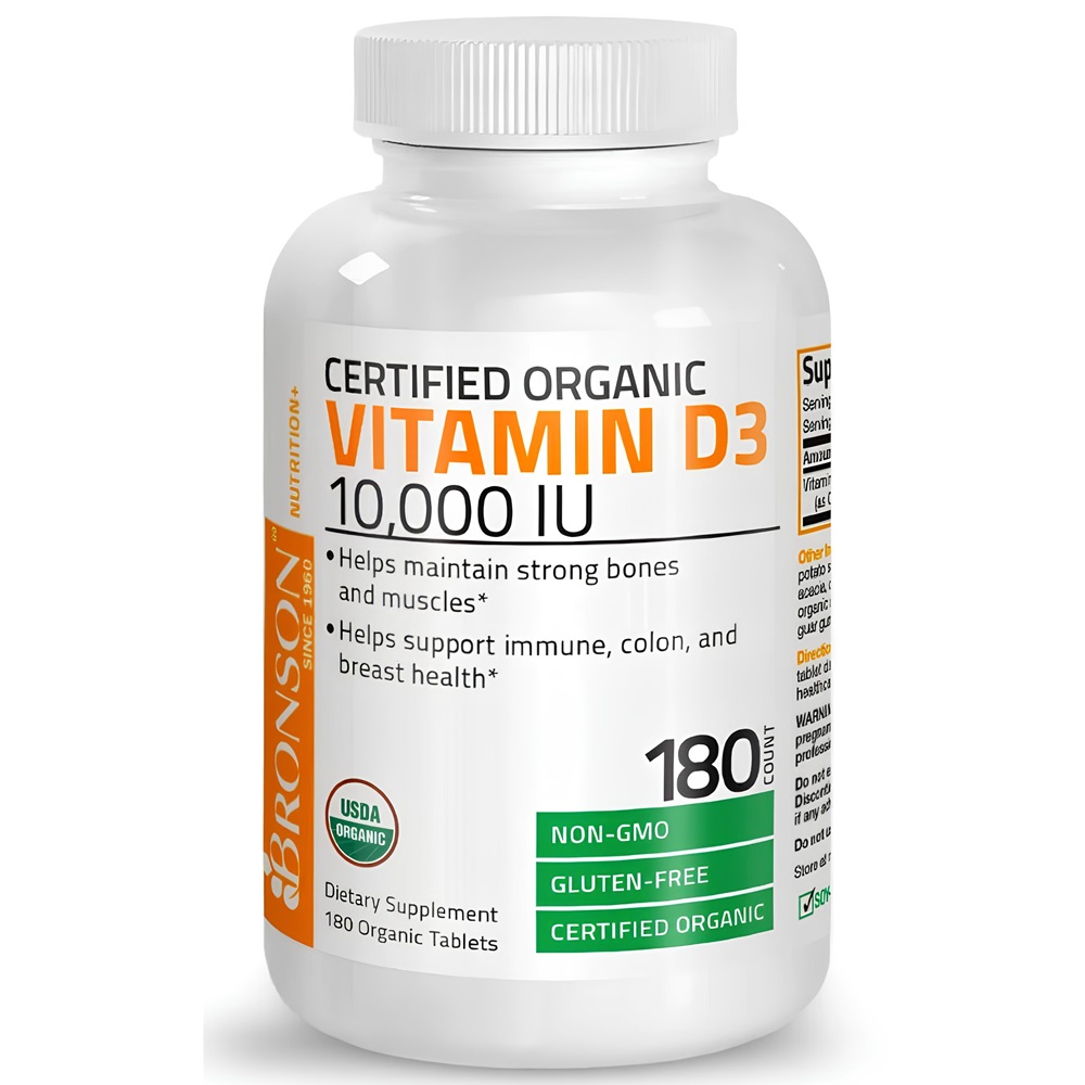 Vitamin D3 High Dose Organic, 10,000 IU, 180 capsule, Bronson