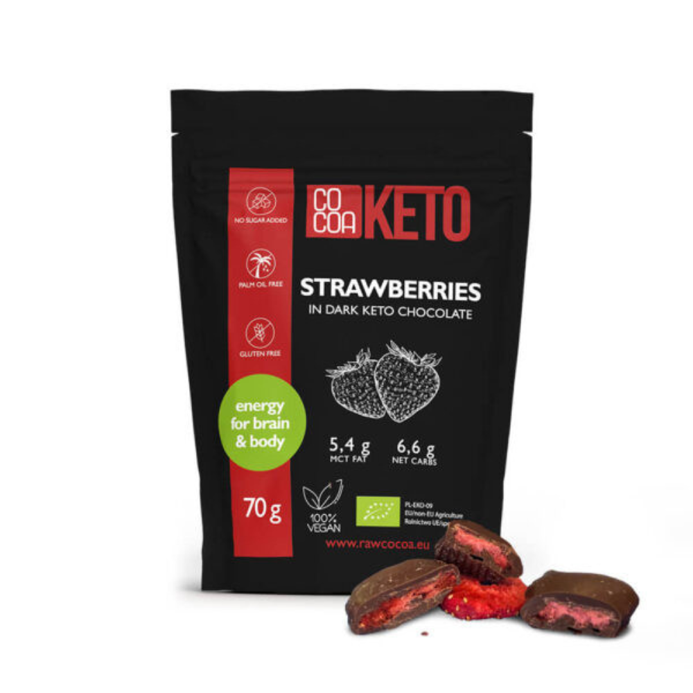 Capsuni Bio invelite cu ciocolata neagra Keto, 70 g, Cocoa