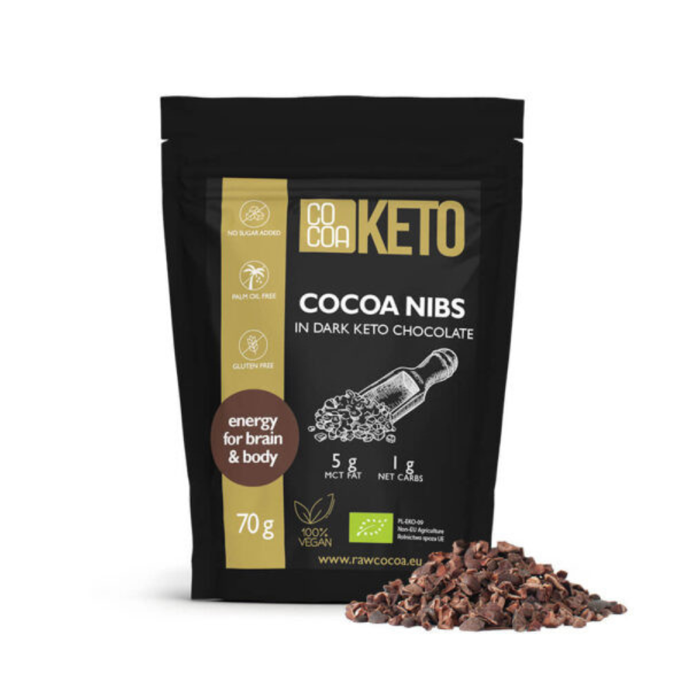 Bucati de cacao Bio in ciocolata neagra Keto, 70 g, Cocoa