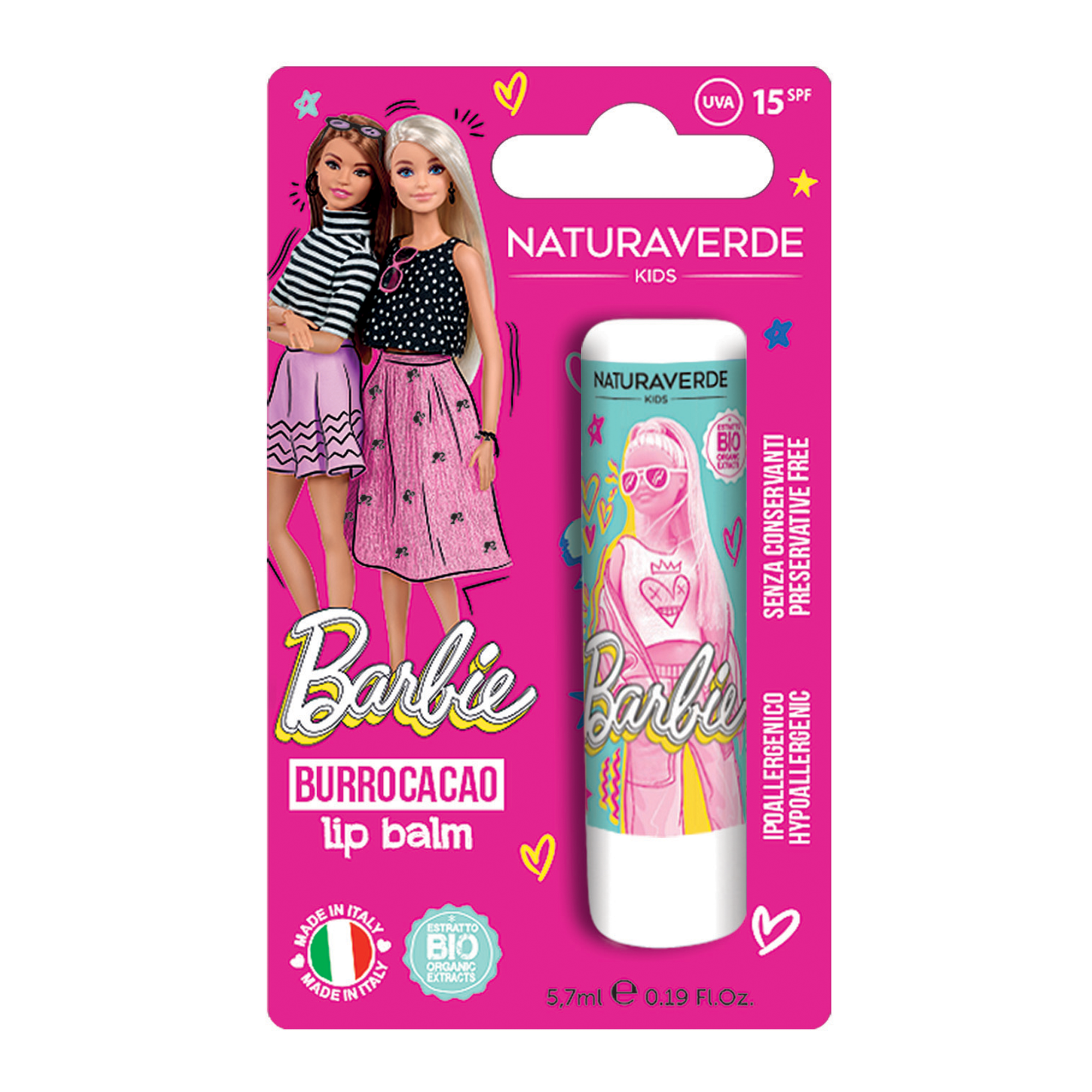 Balsam de buze cu SPF15 si aroma de capsuni Barbie,Kids, 5.7ml, Naturaverde