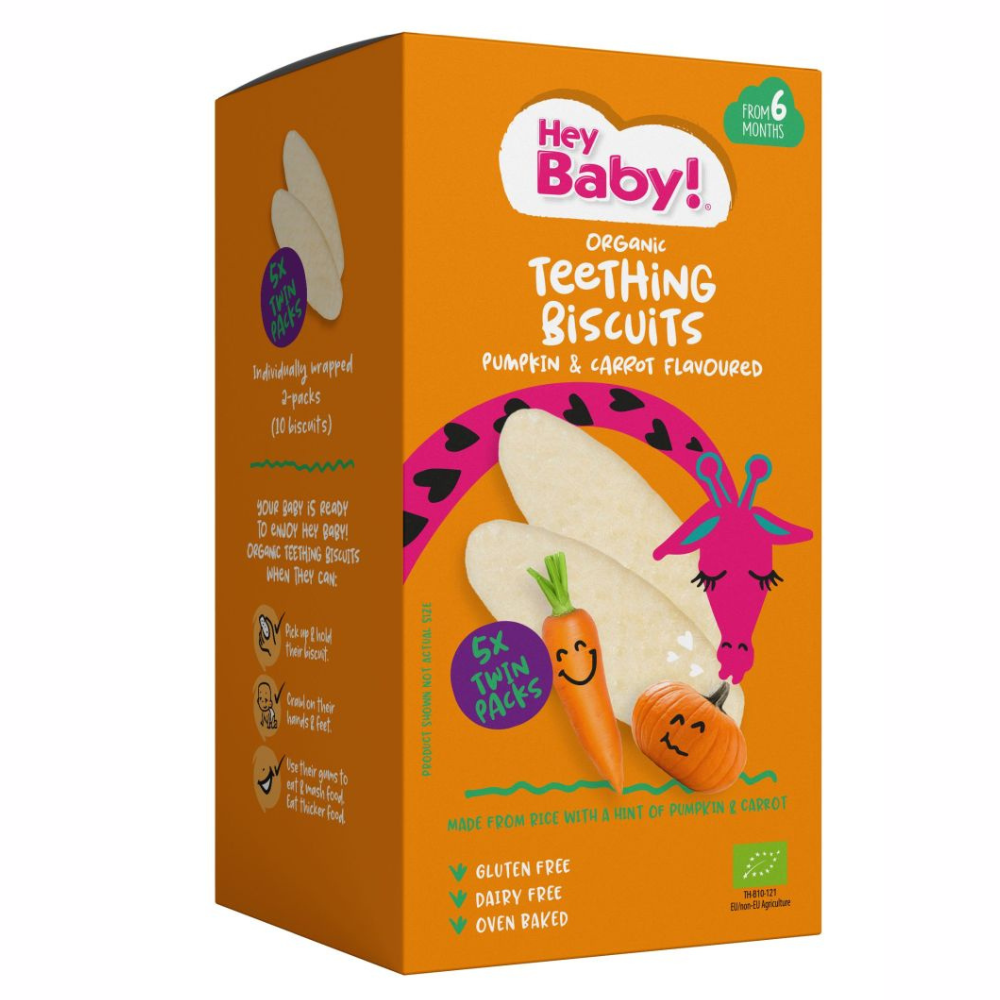 Biscuiti Bio pentru dentitie cu morcov si dovleac, +6 luni, 21 g, Hey Baby