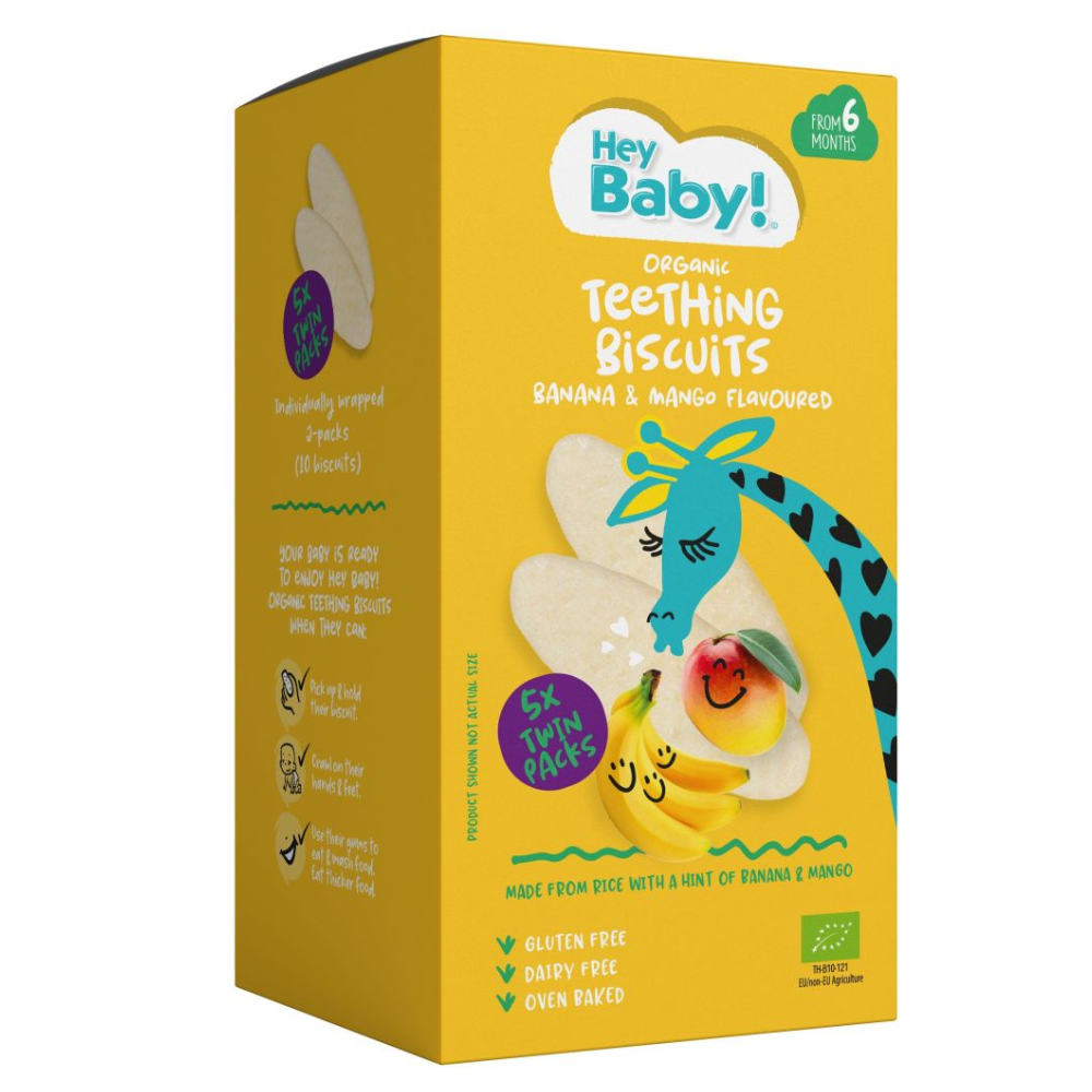 Biscuiti Bio pentru dentitie cu banana, +6 luni, 21 g, Hey Baby