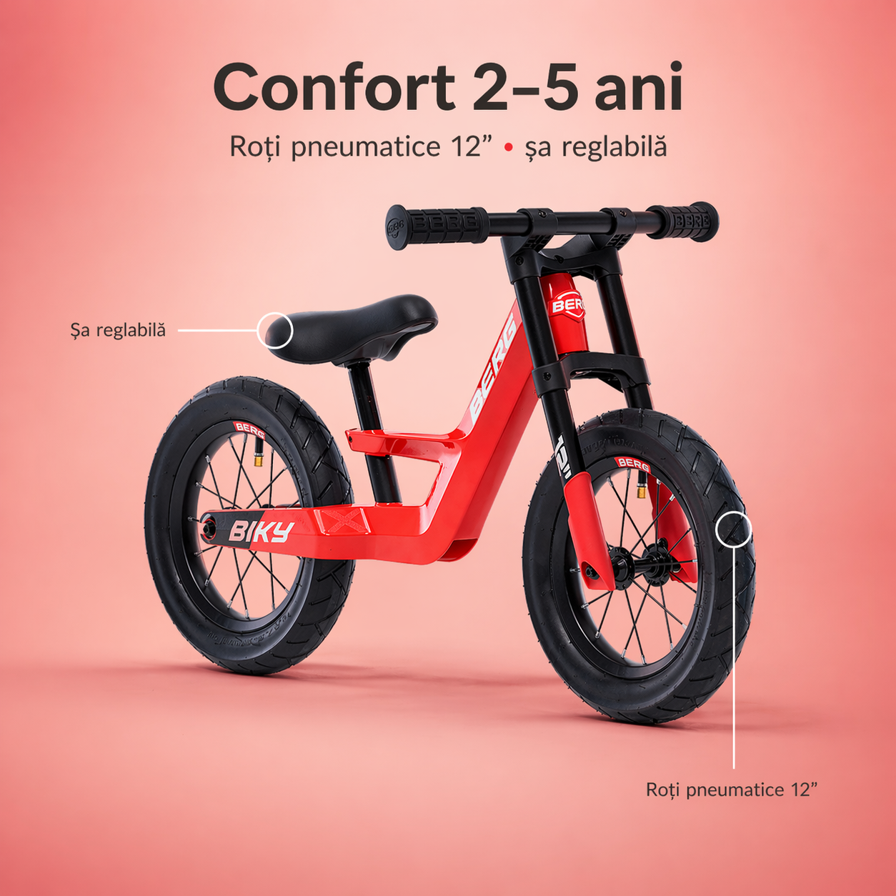 Bicicletă fără pedale BERG Biky City, roșu, cu roți pneumatice de 12 inch și șa reglabilă
