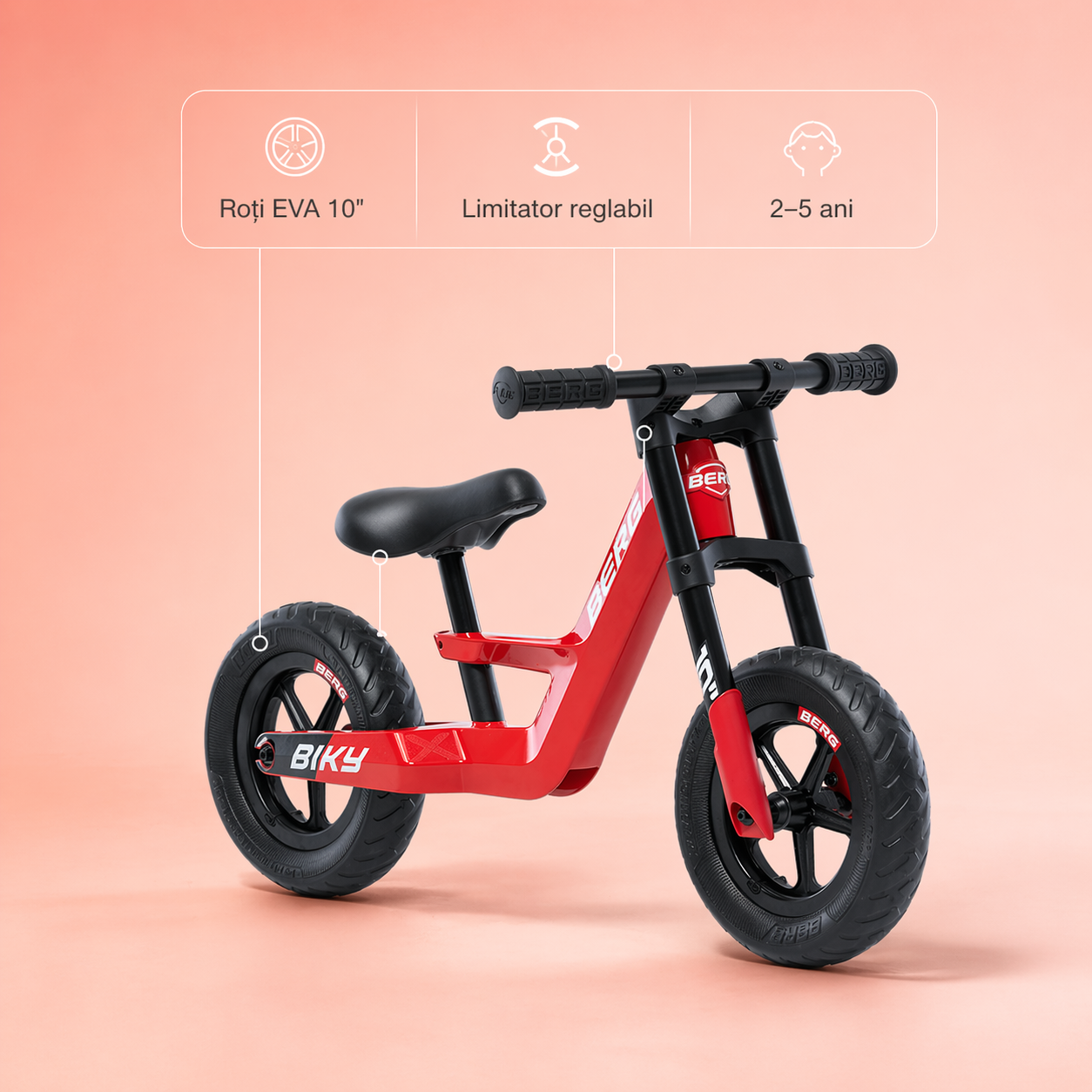 Bicicletă fără pedale BERG Biky Mini, roșu, cu roți EVA de 10 inch și limitator reglabil al ghidonului