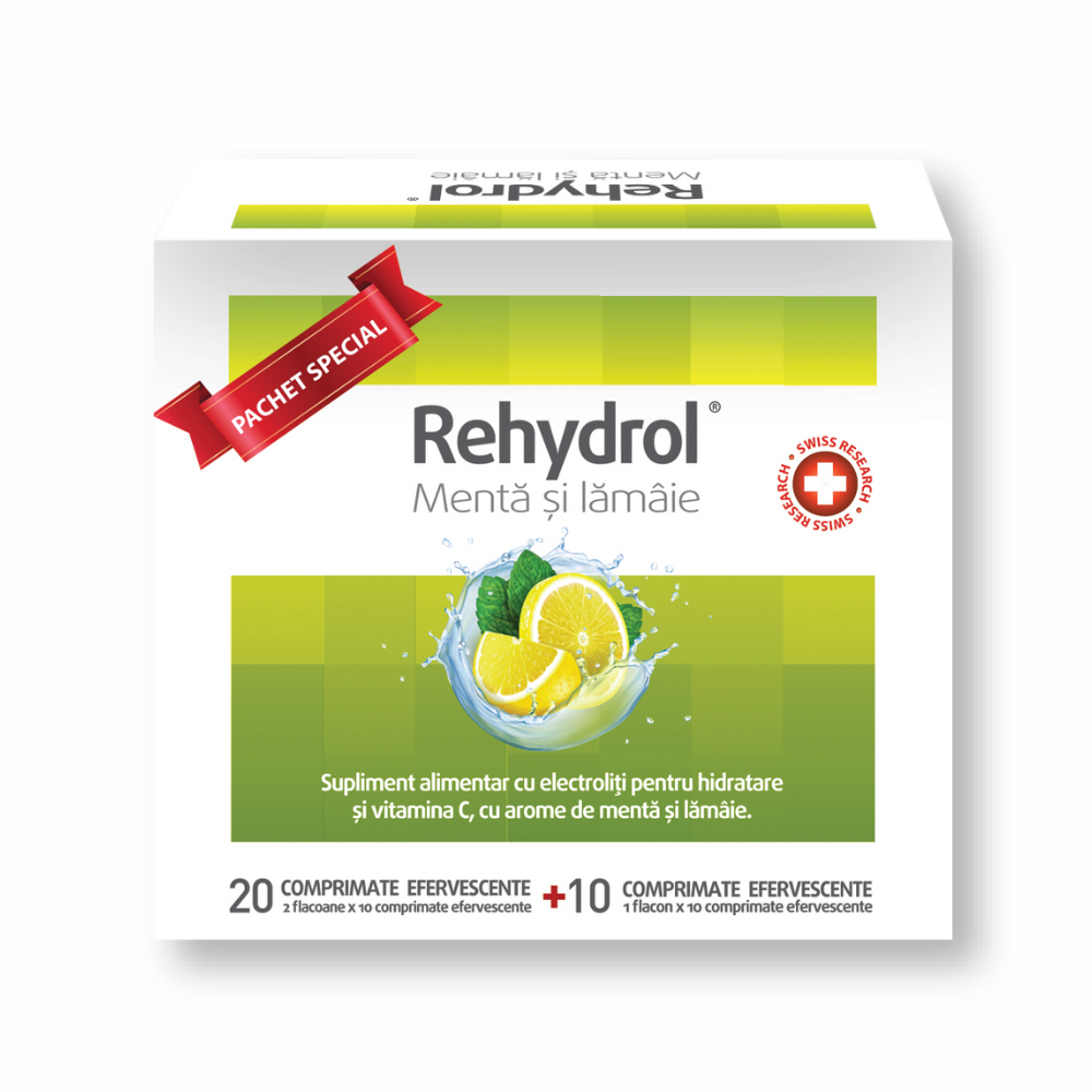 Rehydrol cu aroma de Menta si Lamaie, 20+10 comprimate efervescente, MBA Pharma