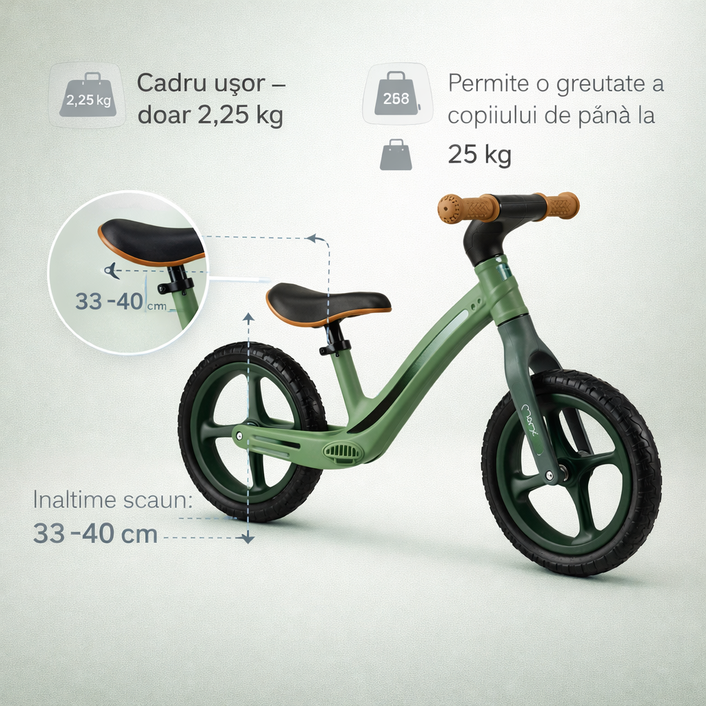 Detaliu bicicleta fara pedale Mizo khaki Momi, cu roti EVA de 12 inch si sa reglabila