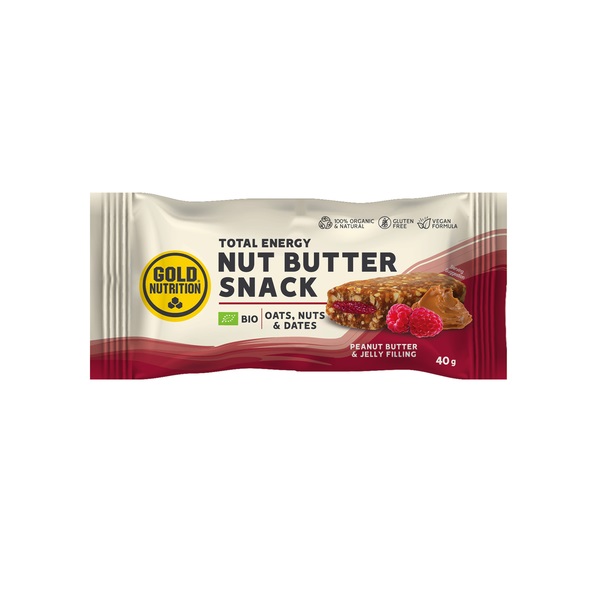 Baton vegan energizant Bio cu unt de arahide si jeleu Nut Butter Snack, 40g, Gold Nutrition