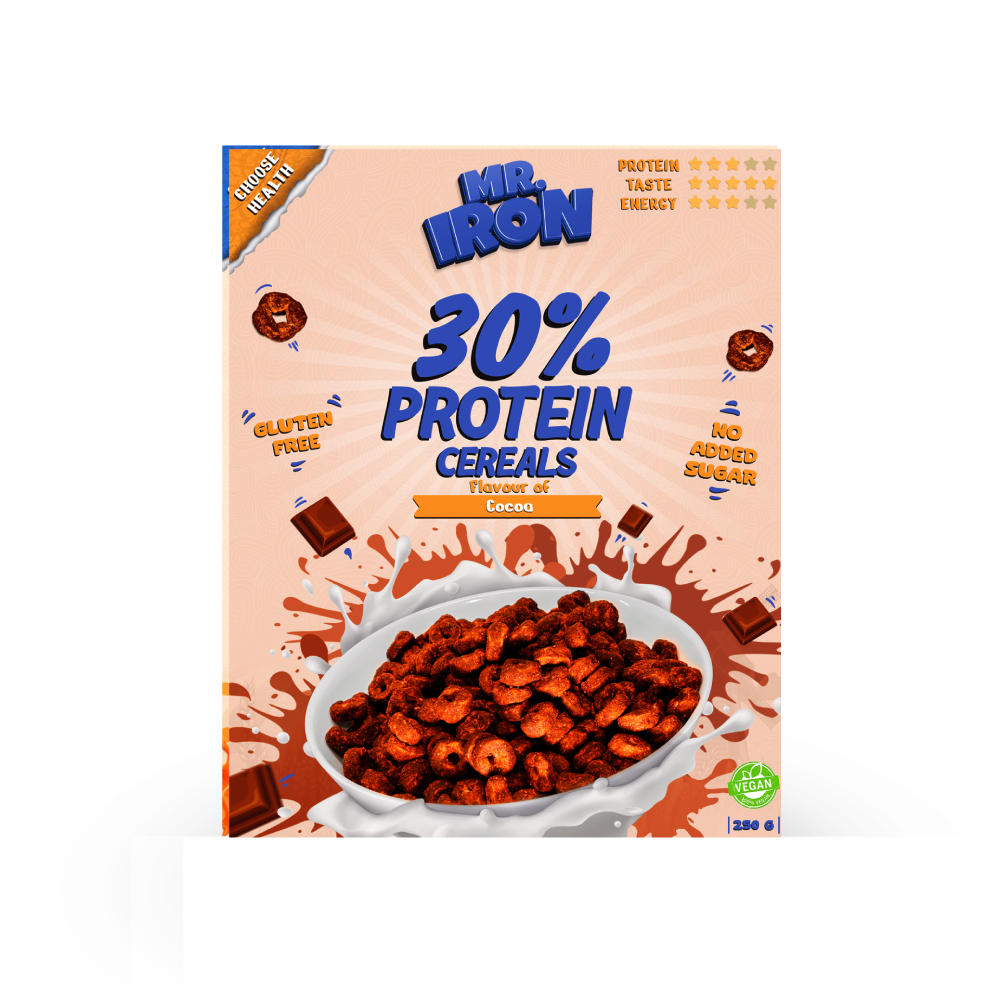 Cereale proteice fara zahar si fara gluten cu aroma de ciocolata, 250g, MR. Iron