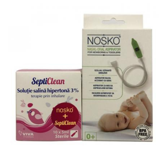Aspirator nazal pentru nou nascuti si copii, +0luni, Nosko Mouth + Solutie salina 3% SeptiClean, 10 x 5 ml, Viva Pharma