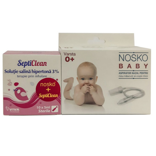 Pachet Aspirator nazal pentru nou nascuti + Solutie salina SeptiClean 3%, Nosko Baby
