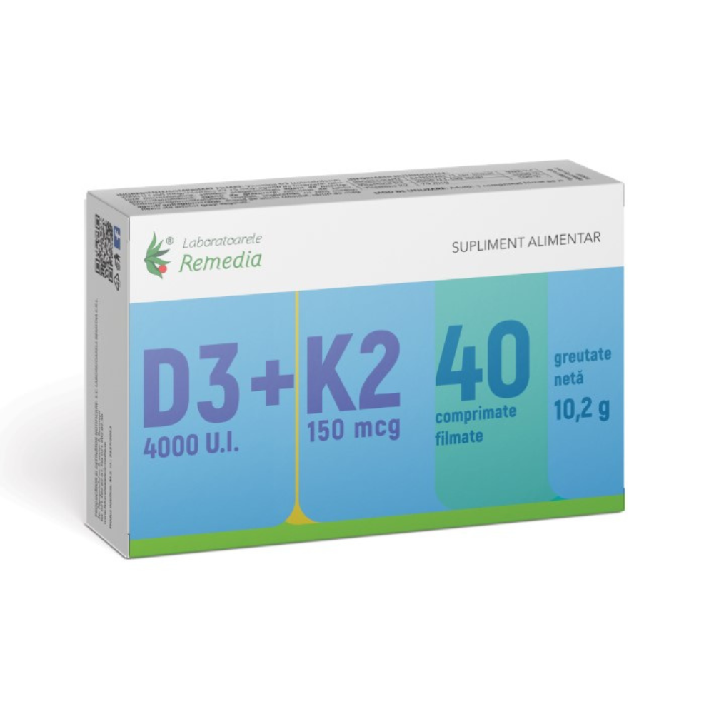 Vitamina D3 4000 UI + Vitamina K2 150 mcg, 40 comprimate filmate, Remedia