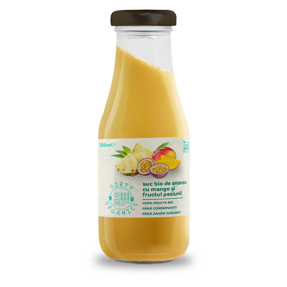 Suc Bio de ananas cu mango si fructul pasiunii, 250 ml, Dirty Organics
