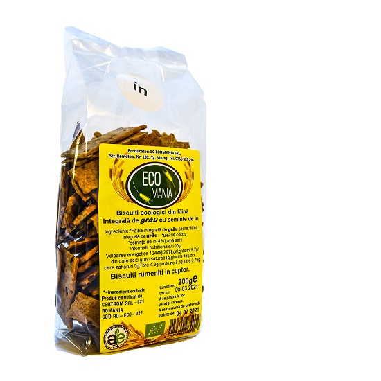 Biscuiti Bio integrali cu seminte de in, 200 g, Ecomania