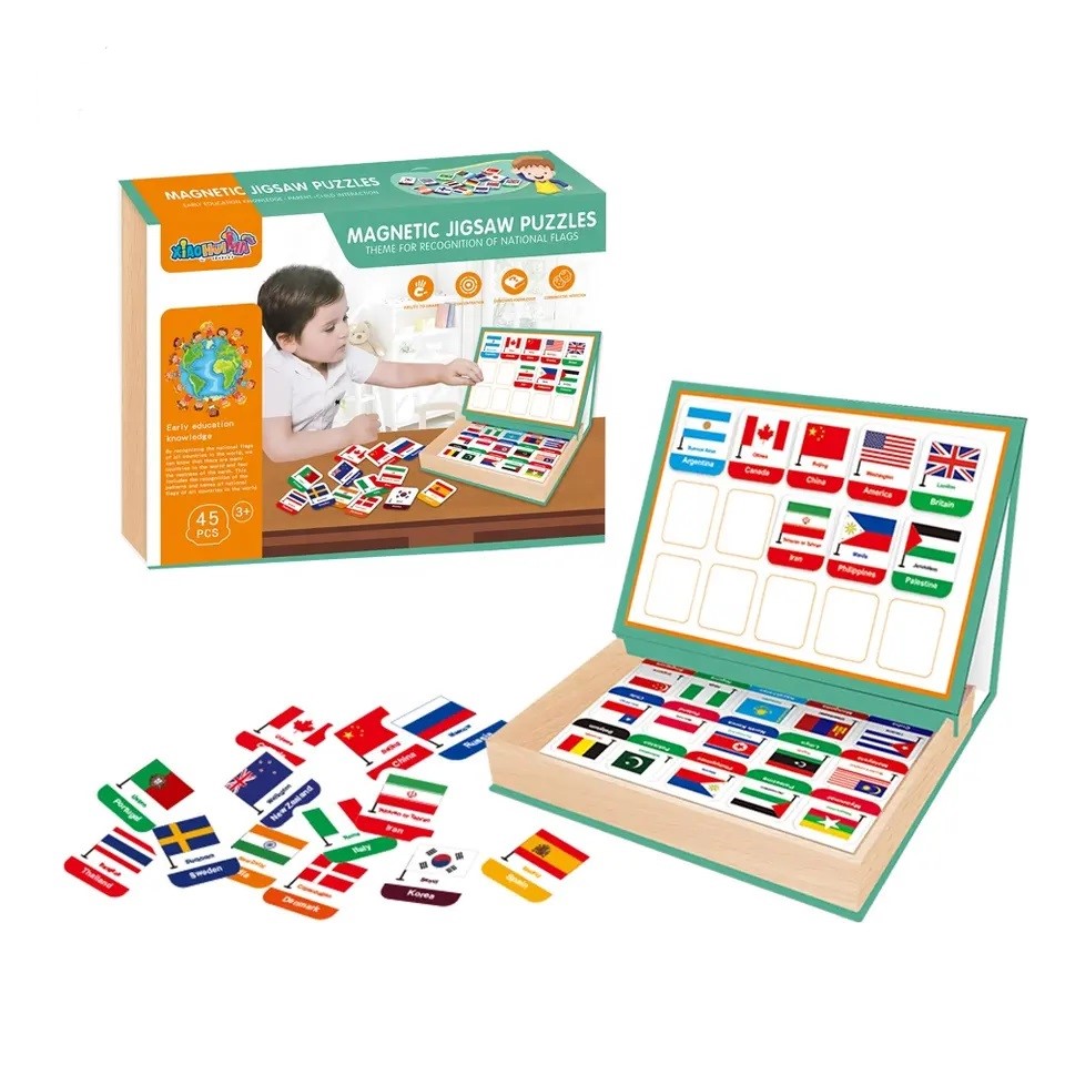 Puzzle magnetic educativ cu 45 de steaguri si table, + 3 ani, AcSmart