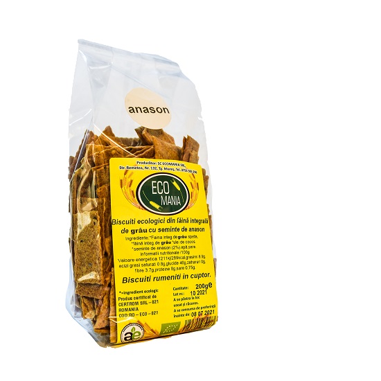 Biscuiti Bio integrali cu seminte de anason, 200 gr, Ecomania