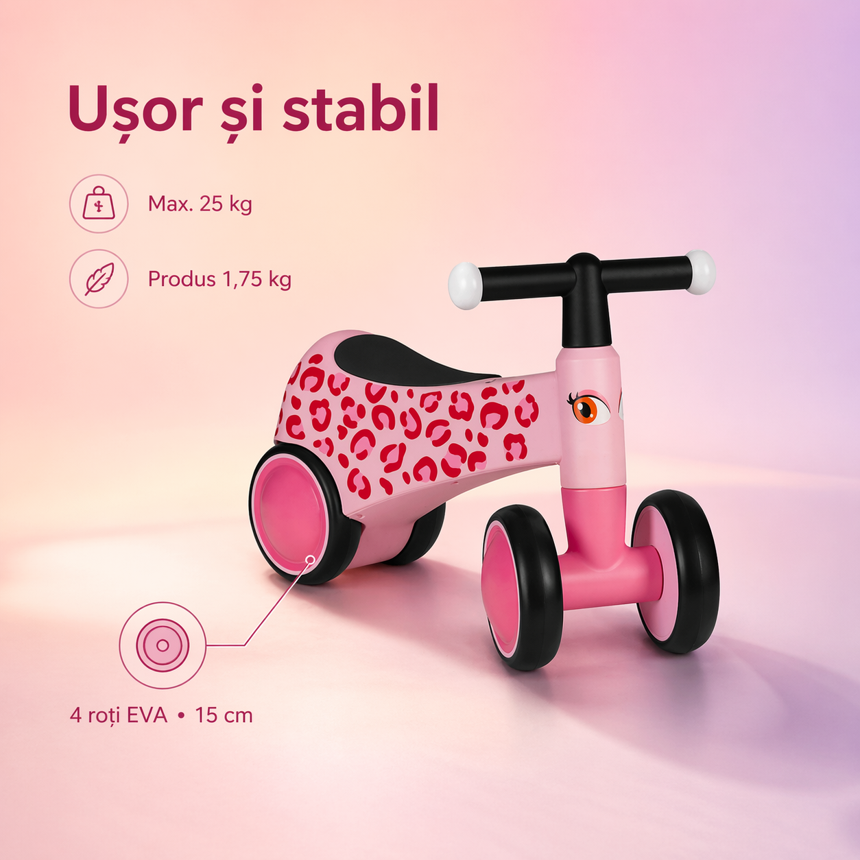 Bicicletă cu 4 roți Lionelo Sammy, Pink Rose, cu roți EVA de 15 cm și ghidon iluminat