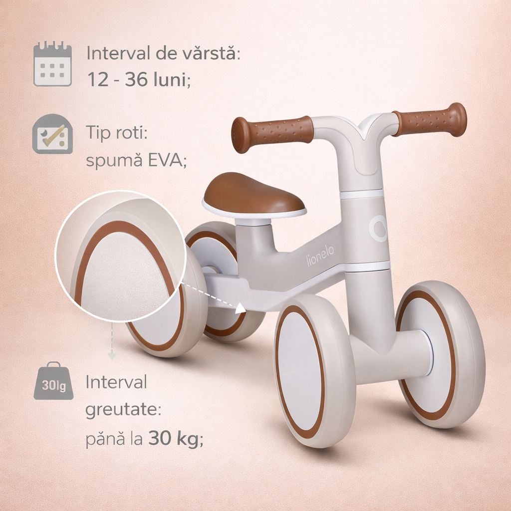 Detaliu bicicleta cu 4 roti Villy beige latte Lionelo, cu sa confortabila si roti EVA