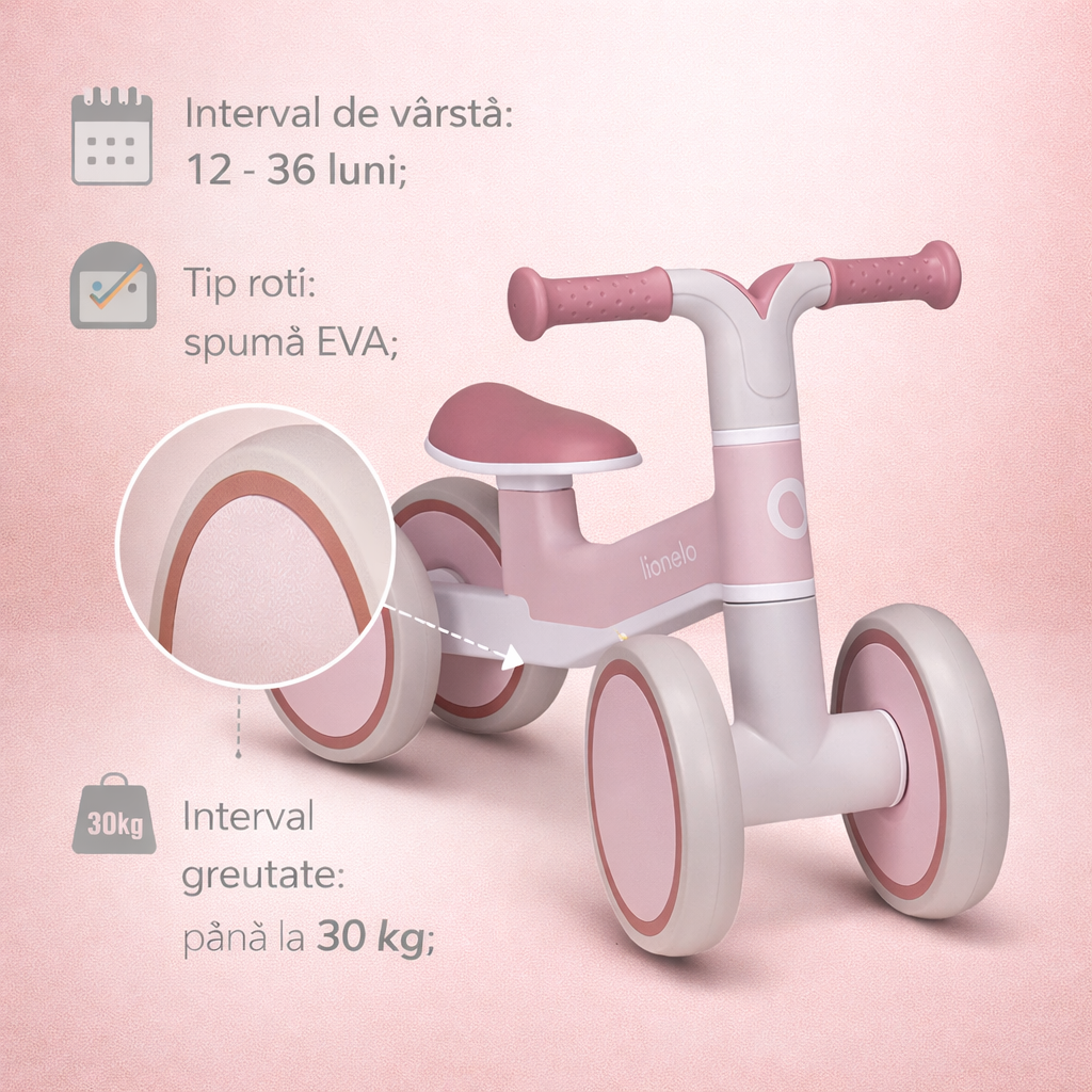 Detaliu bicicleta cu 4 roti Villy pink rose Lionelo, cu sa moale si roti EVA