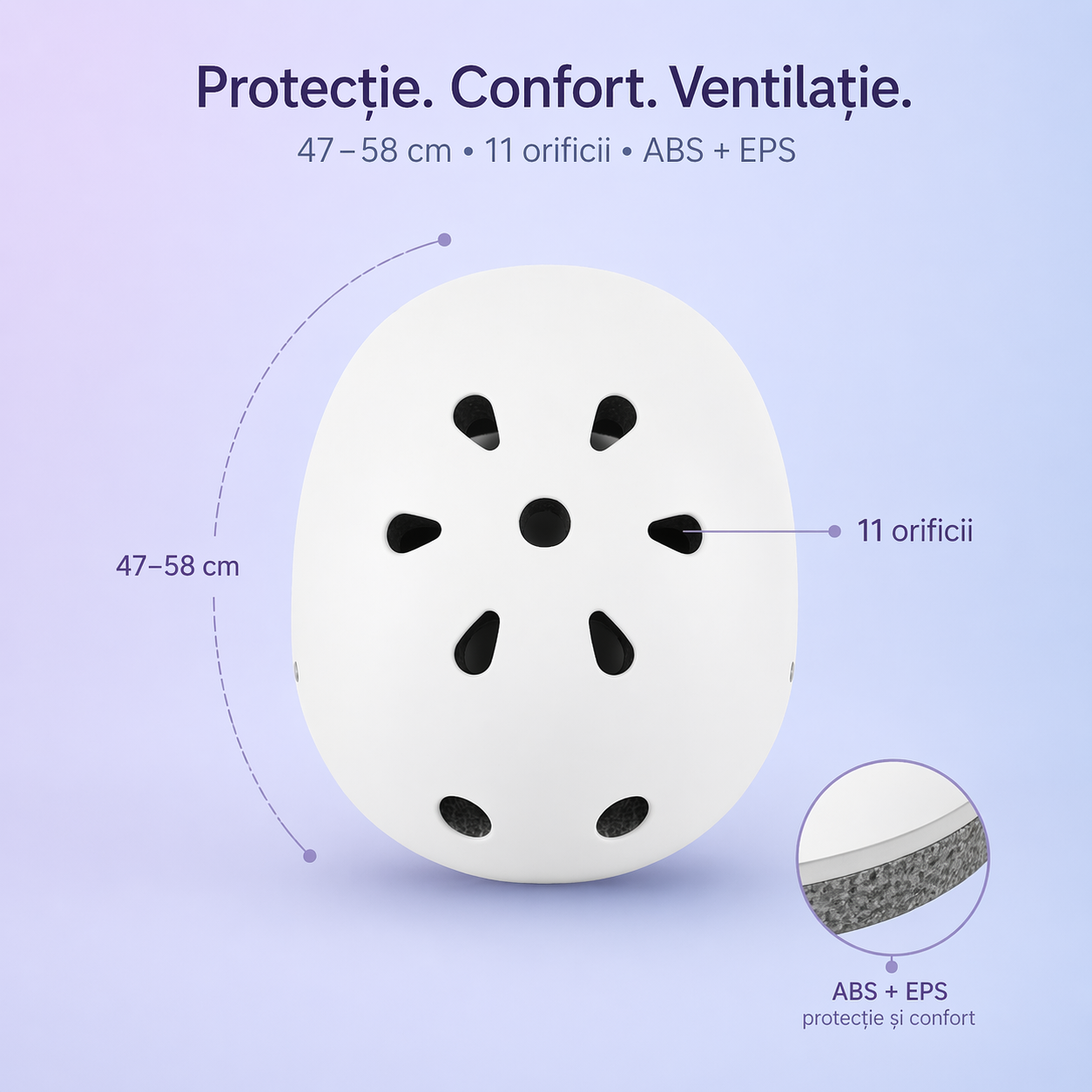 Cască reglabilă Lionelo Helmet, alb, 50-56 cm, cu ABS, EPS și 11 guri de ventilație
