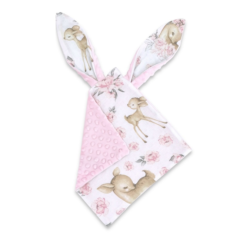 Jucarie textila senzoriala cu doua fete Minky, Sweet Deer Pink, 30 x 30 cm, MimiNu