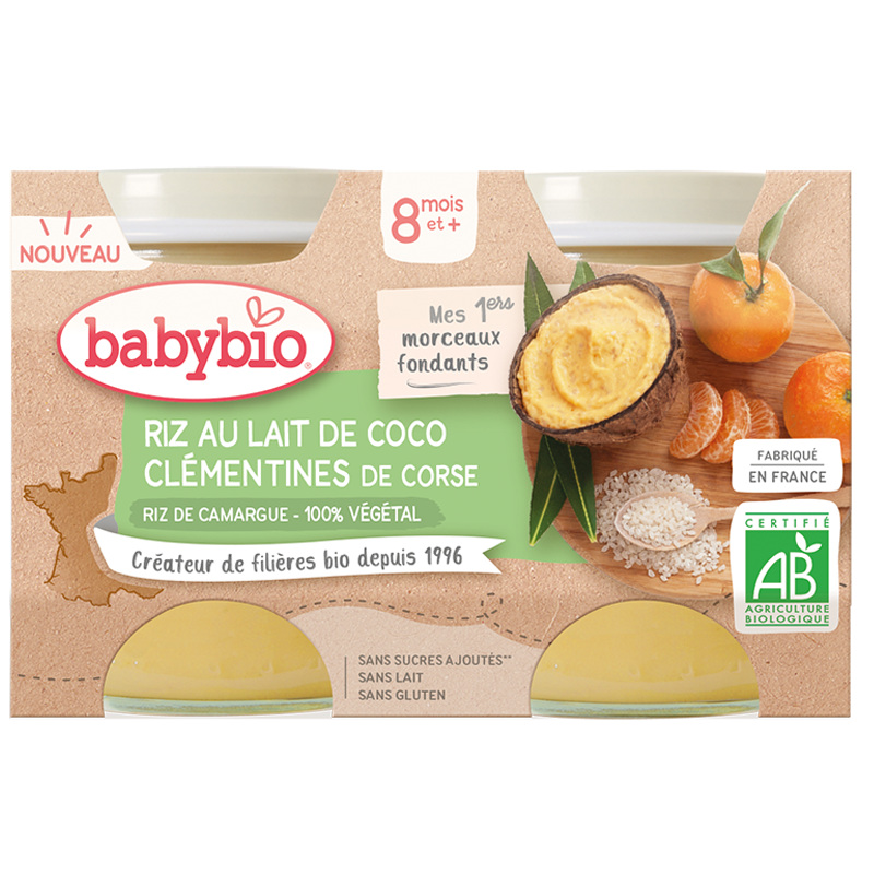 Crema Bio de cocos, orez si clemetine, +8 luni, 2x130 g, Babybio
