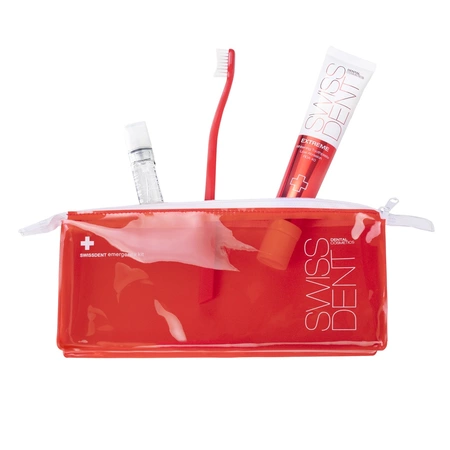Set Pasta de dinti + Spray de gura + Periuta de dinti Emergency Kit Red, 50 ml + 9 ml + 1 bucata, Swissdent