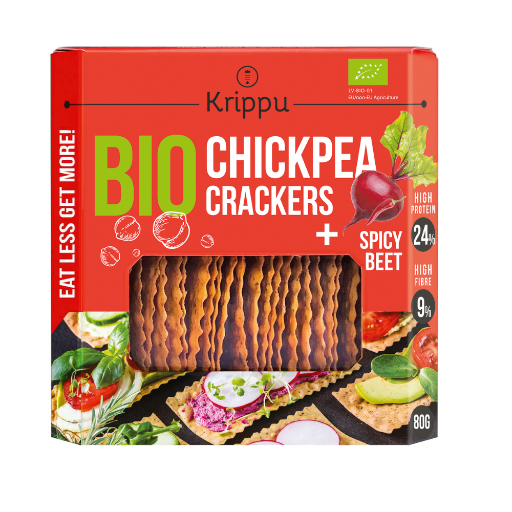 Crackers Bio din naut cu sfecla picanta, 80 g, Krippu