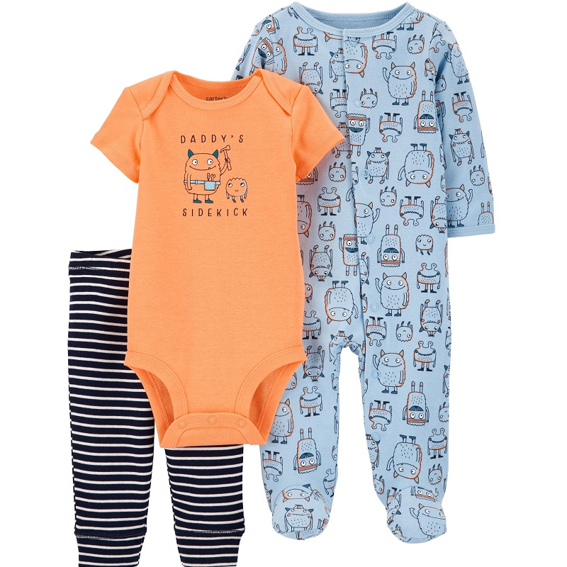 Set 3 piese bebe pijama, body si pantaloni, monstrulet, 0 luni, 1J300710, Carter's