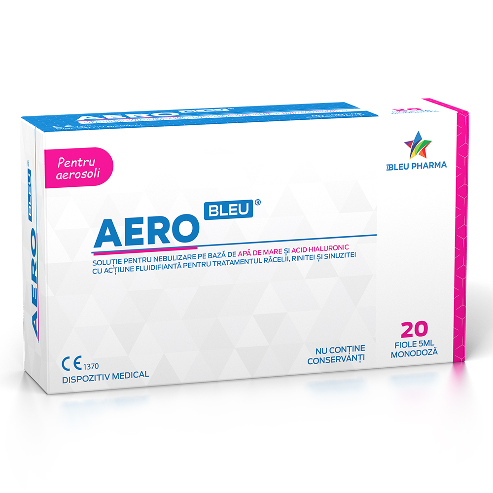 Aero Bleu solutie pentru nebulizare pe baza de apa si acid hialuronic, 20 fiole x 5 ml, Bleu Pharma