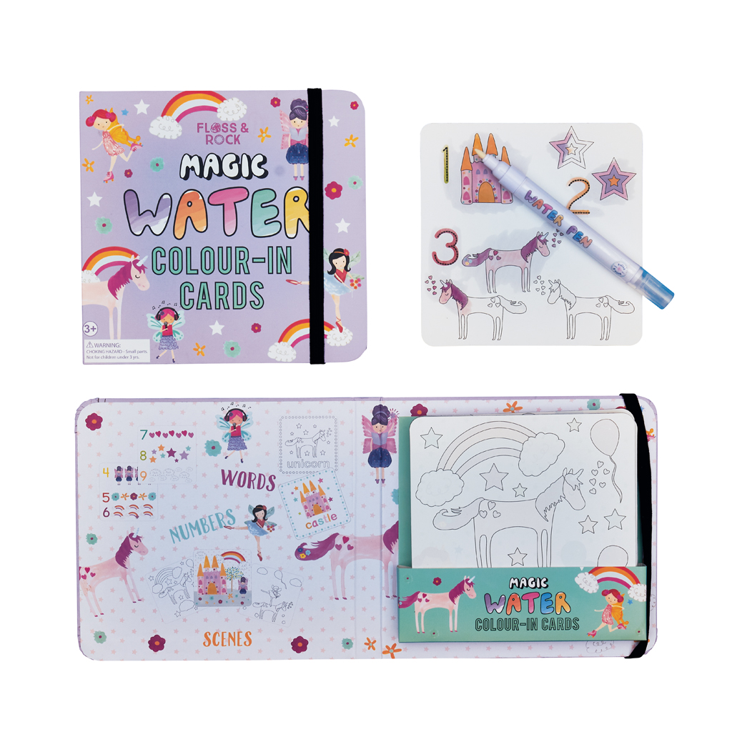 Set planse de colorat cu apa, Magic Water Cards Fairy Unicorn, 3 ani+, Floss & Rock