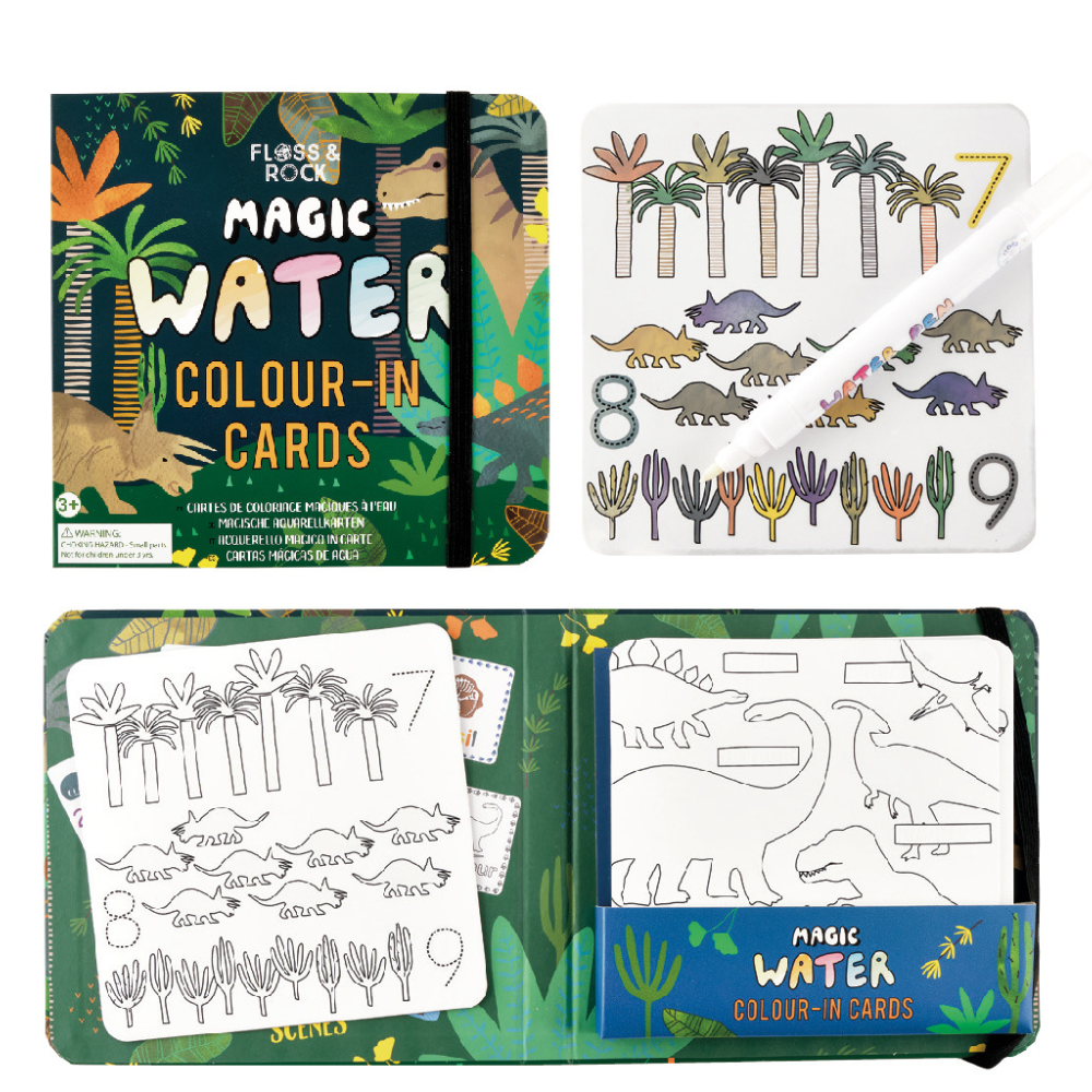 Set planse de colorat cu apa, Magic Water Cards Dino, 18 luni+, Floss & Rock