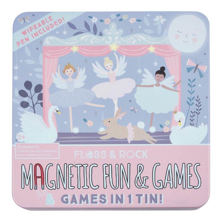 Jocuri magnetice in cutie metalica, 4 in 1, Fun & Games Enchanted, 3 ani+, Floss & Rock